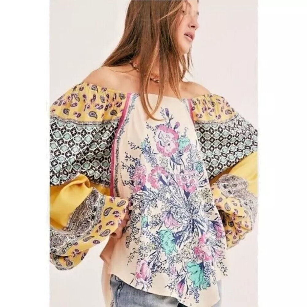 Free People Positano Shirt Size Small Womens Floral Lightweight Boho Top Yellow